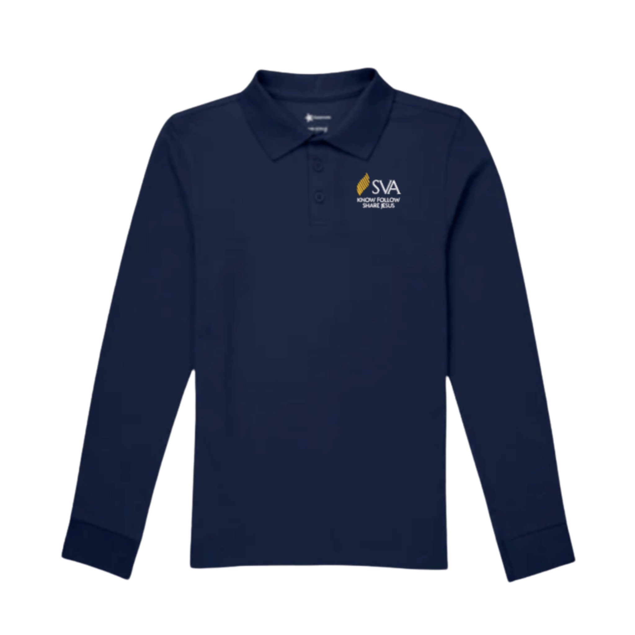 Navy long-sleeve polo shirt with Spring Valley Academy logo