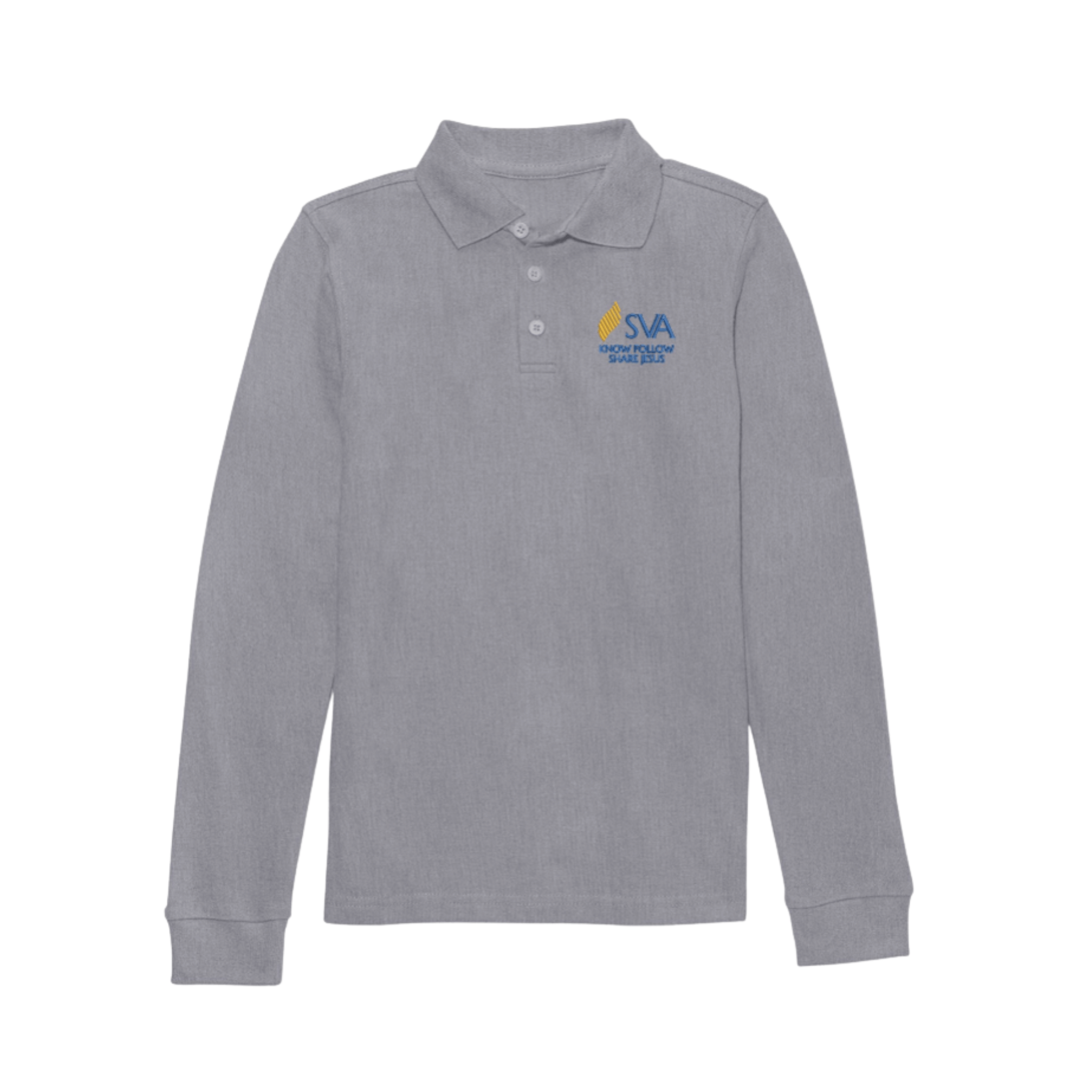 Gray long-sleeve polo shirt with SVA logo on the chest 