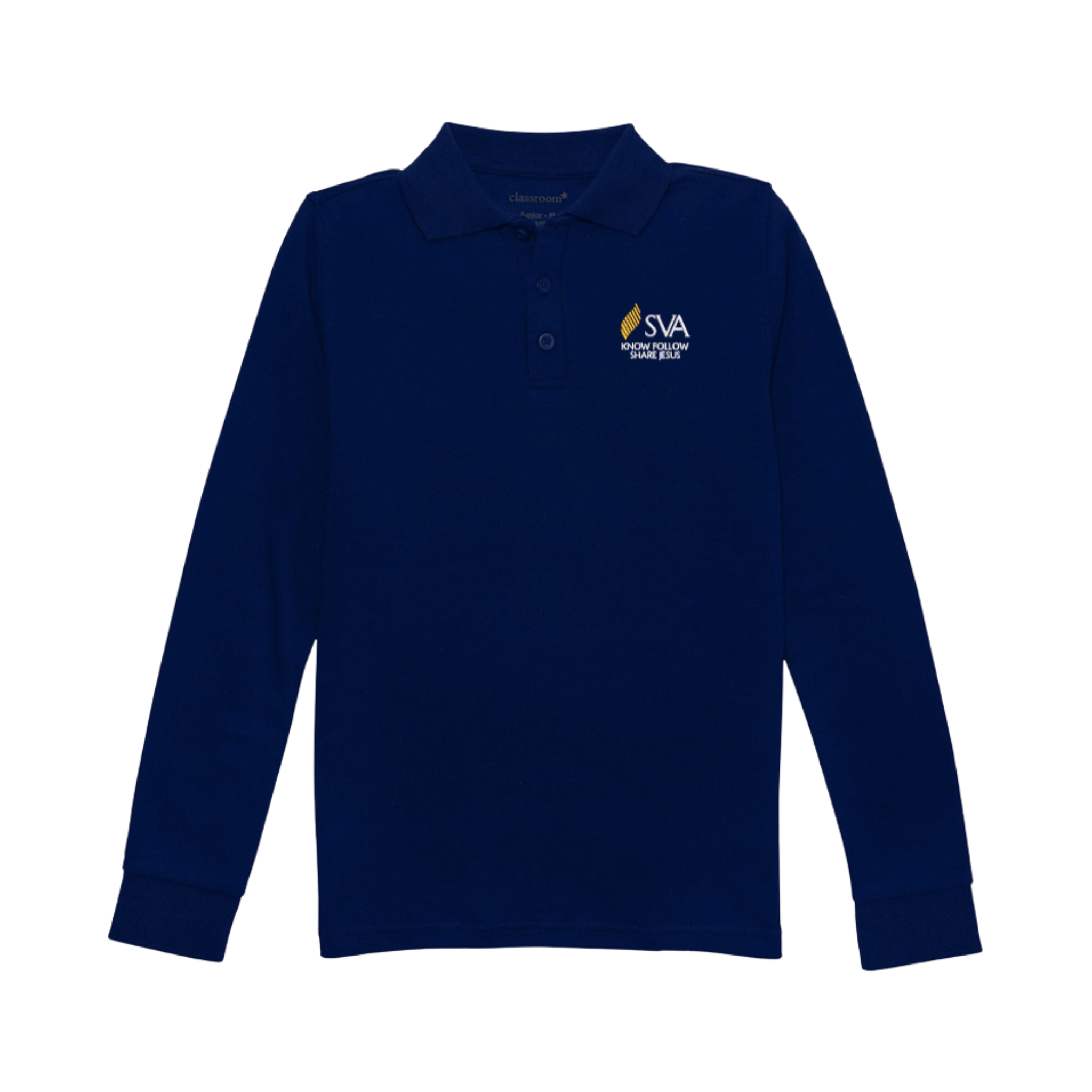 Navy long-sleeve polo shirt with a SVA logo on the chest against a white background