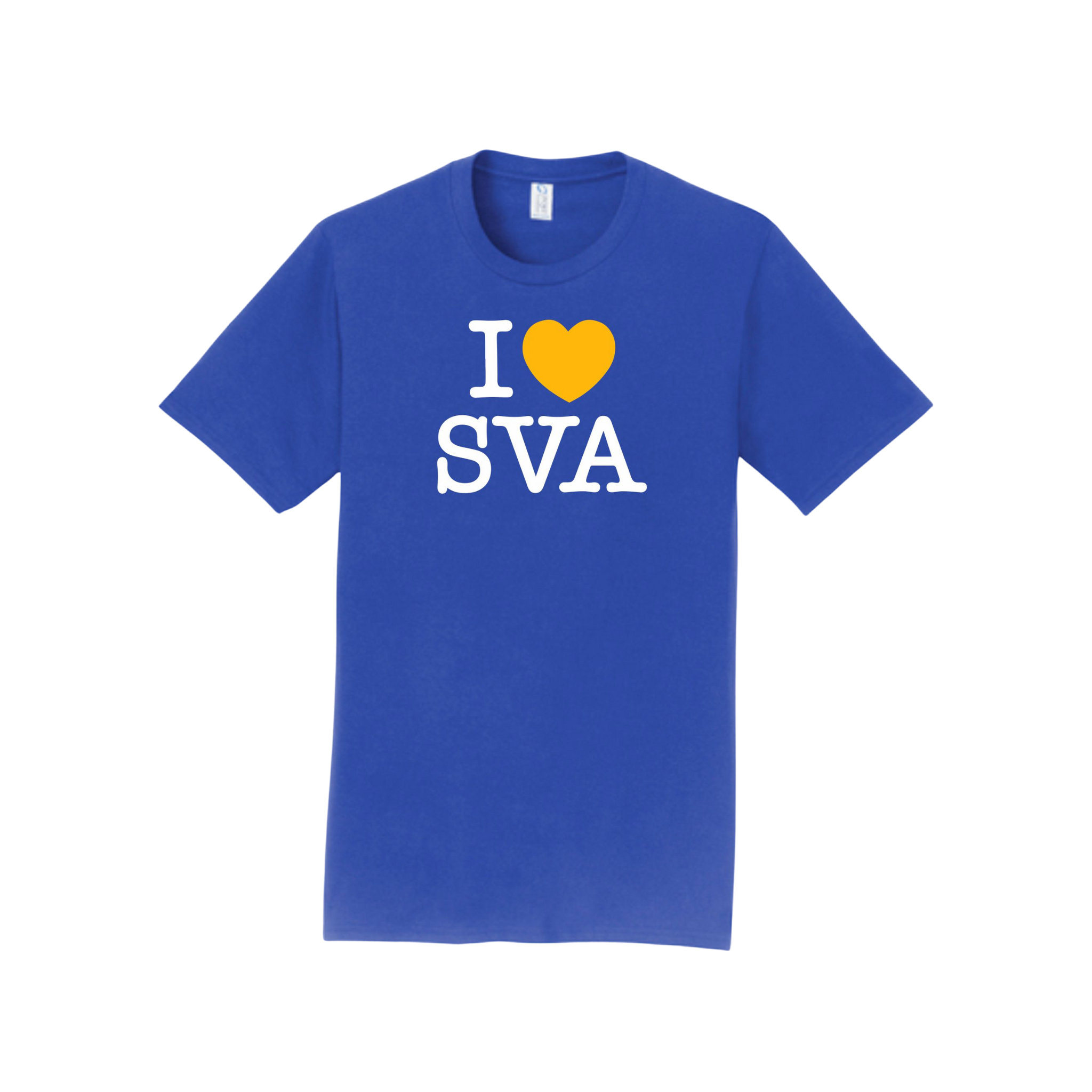 Blue t-shirt with 'I ❤️ SVA' text on a white background