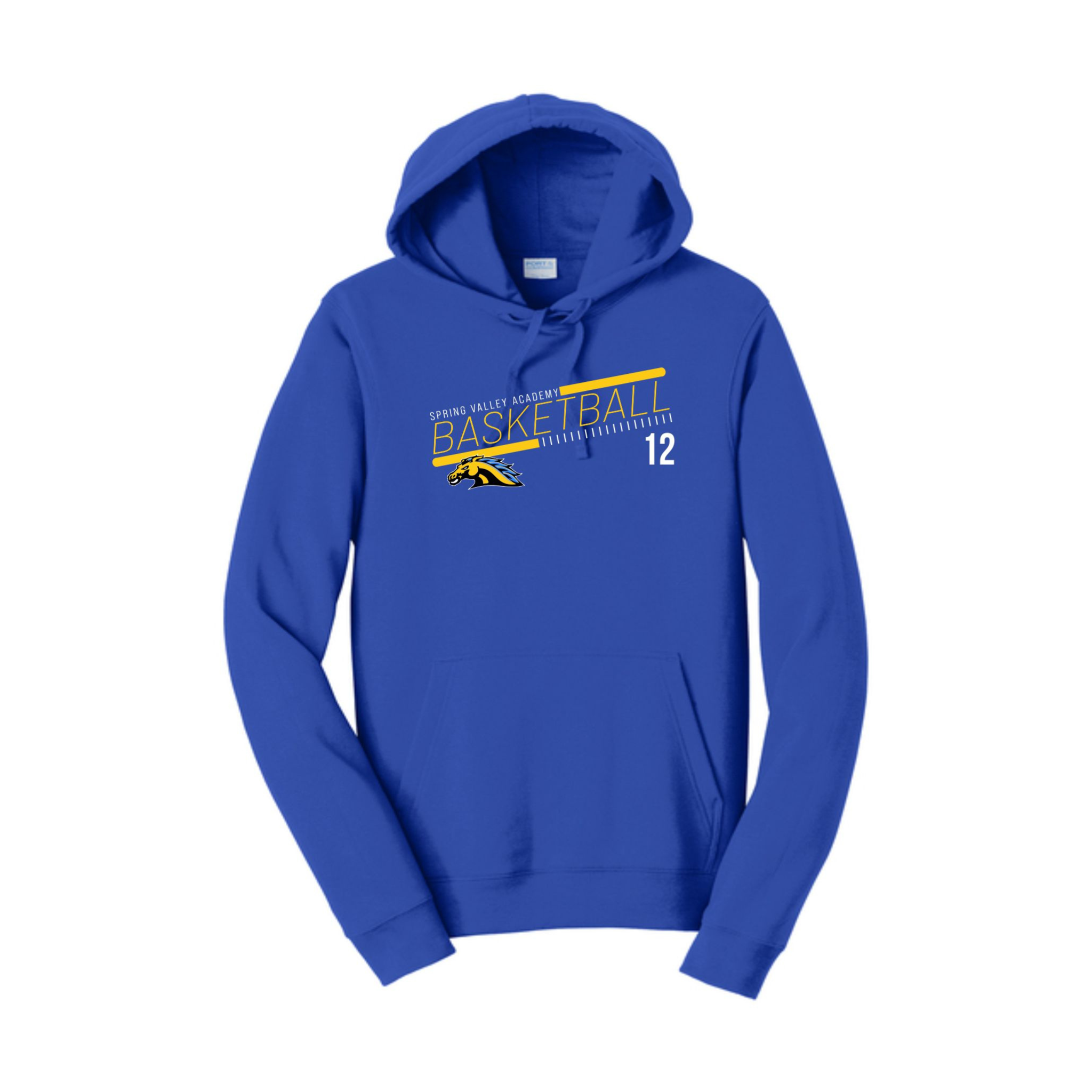 Blue hoodie with basketball design and text on a white background
