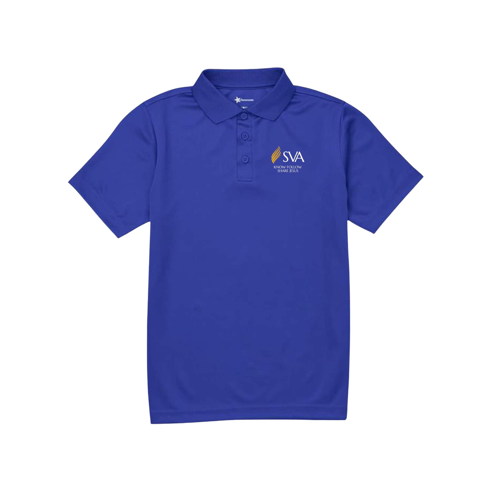 Blue polo shirt with a logo on a white background