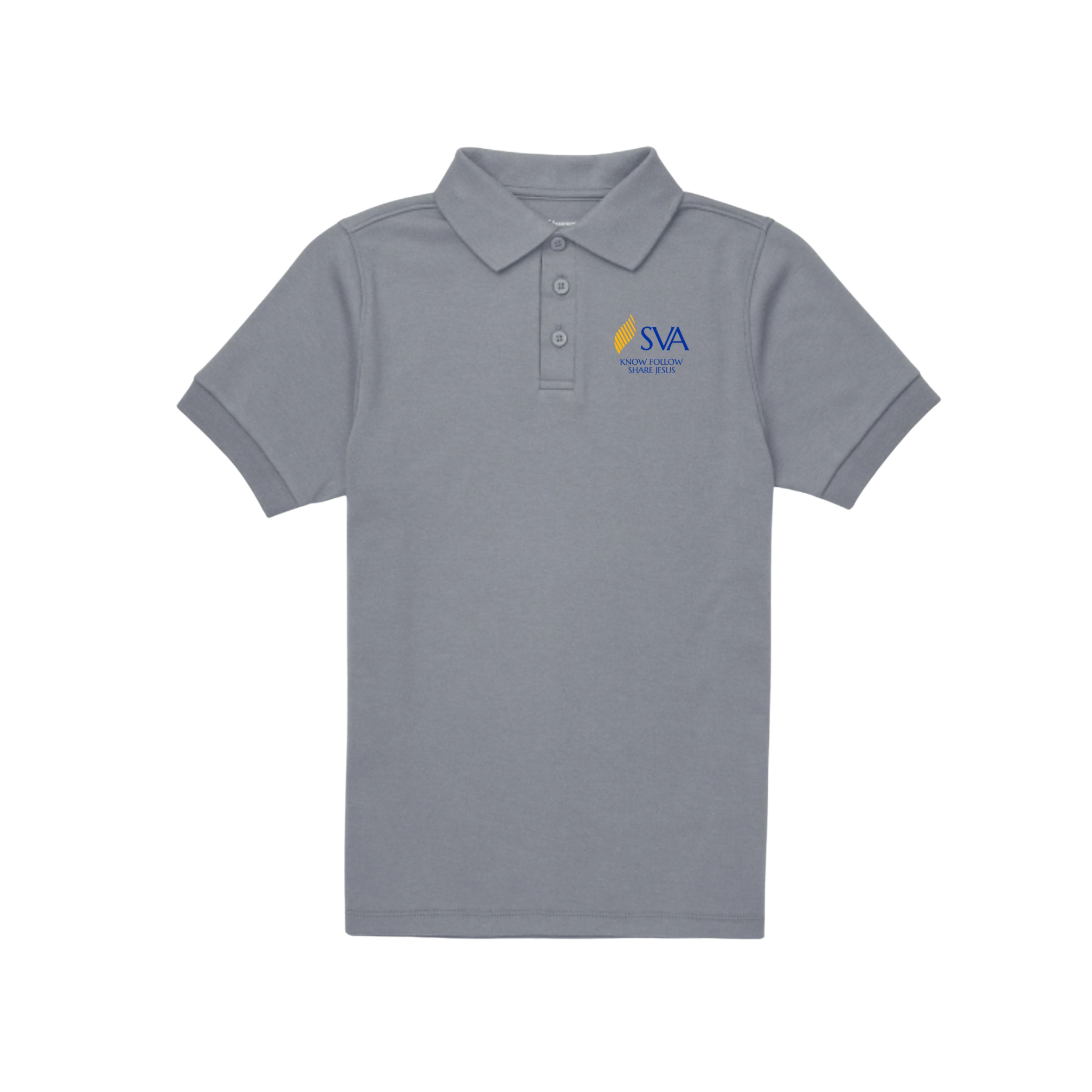 Gray polo shirt with a logo on the chest against a white background