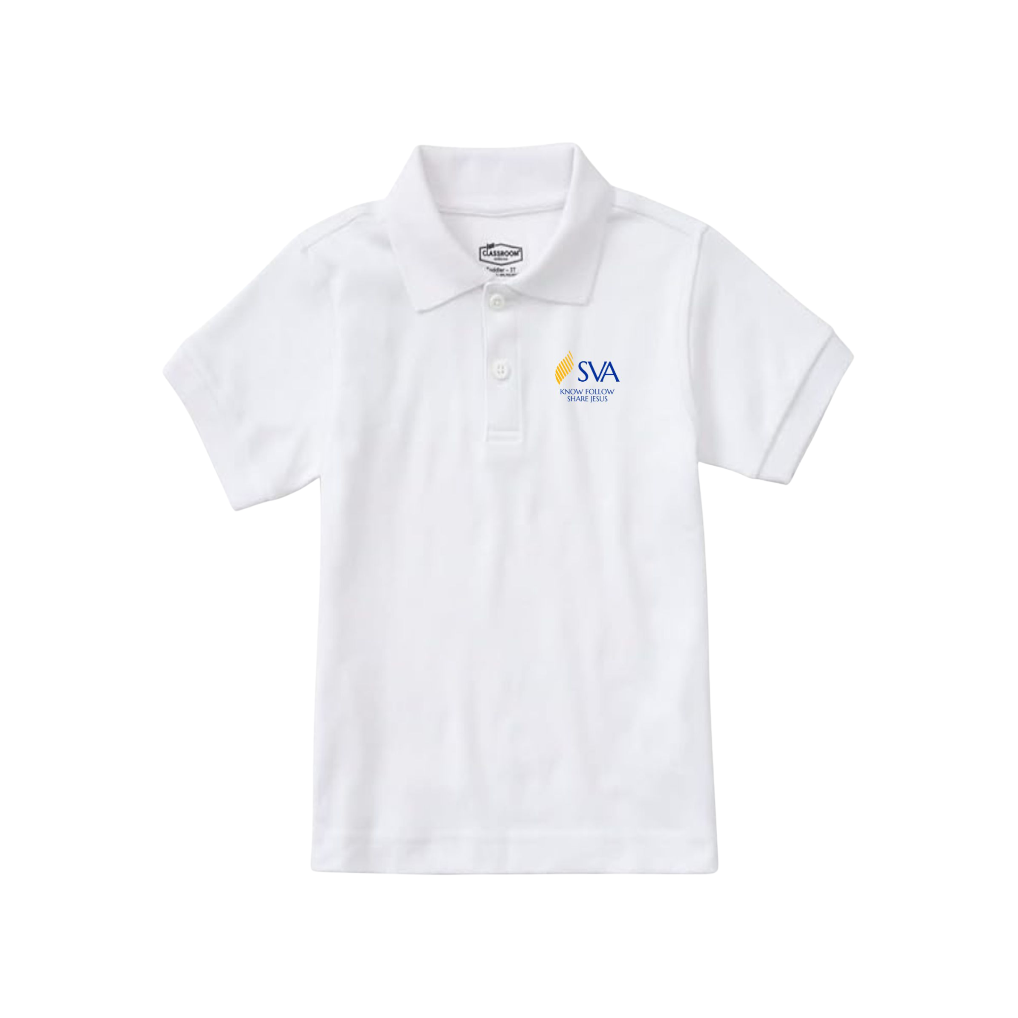 White polo shirt with a logo on a white background