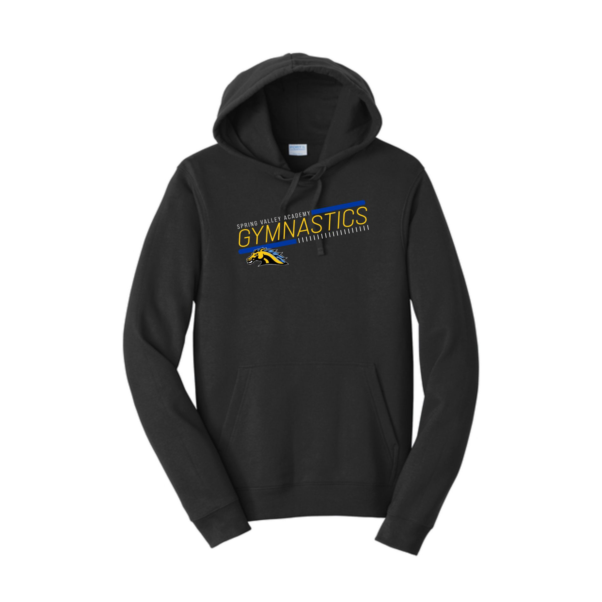 Black hoodie with 'Gymnastics' text and logo on a white background