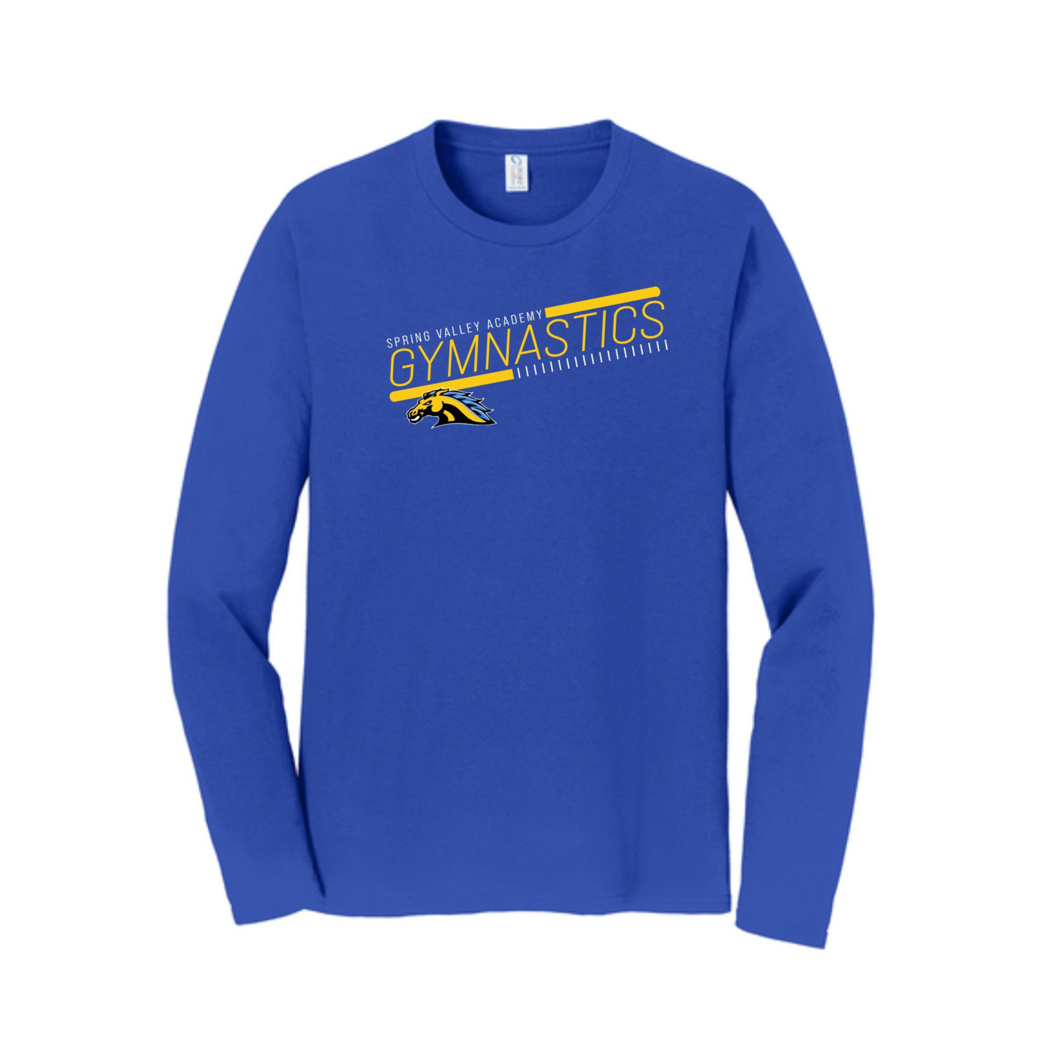 Blue long-sleeve shirt with 'Spring Valley Academy Gymnastics' text and logo 