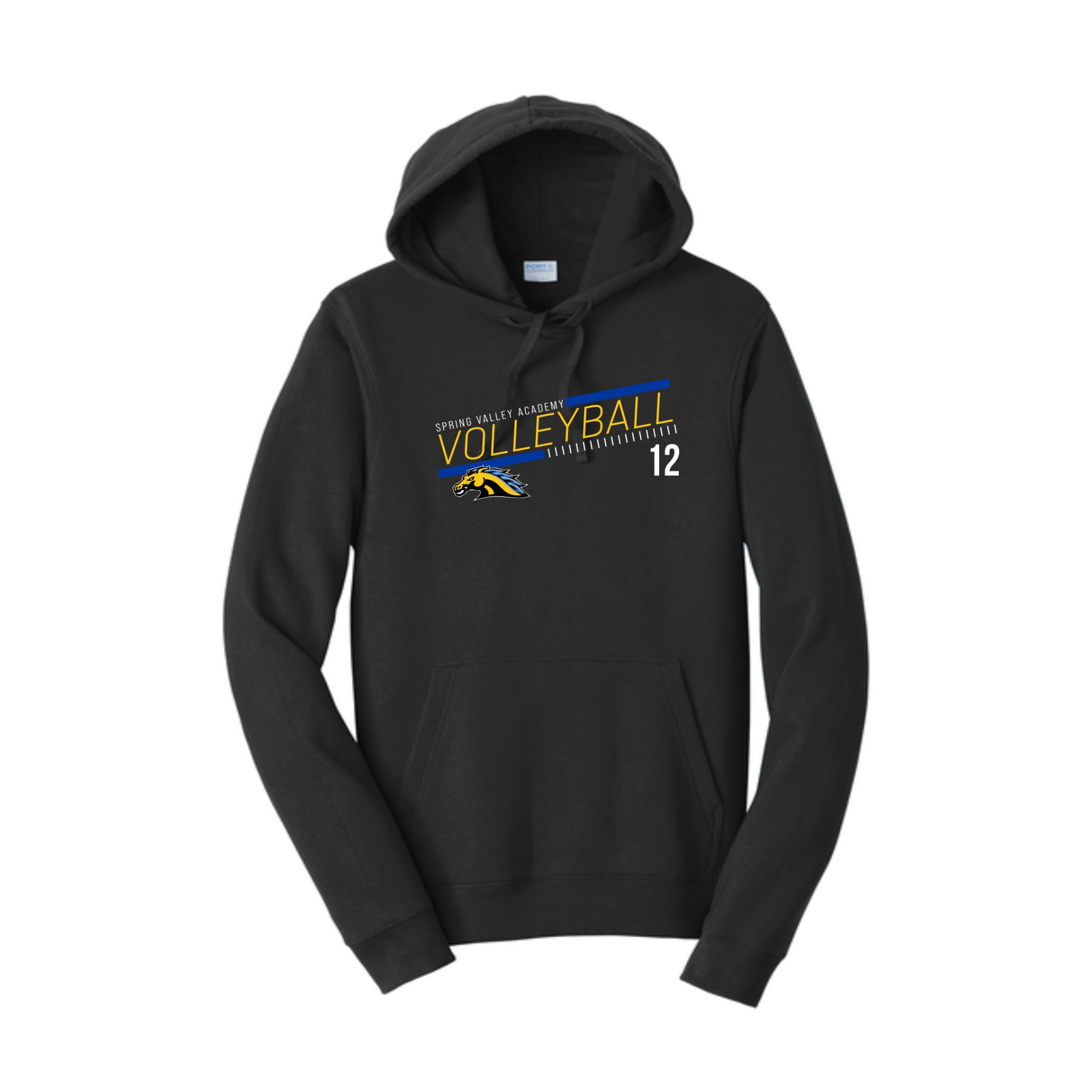 Black hoodie with volleyball design and text on a white background