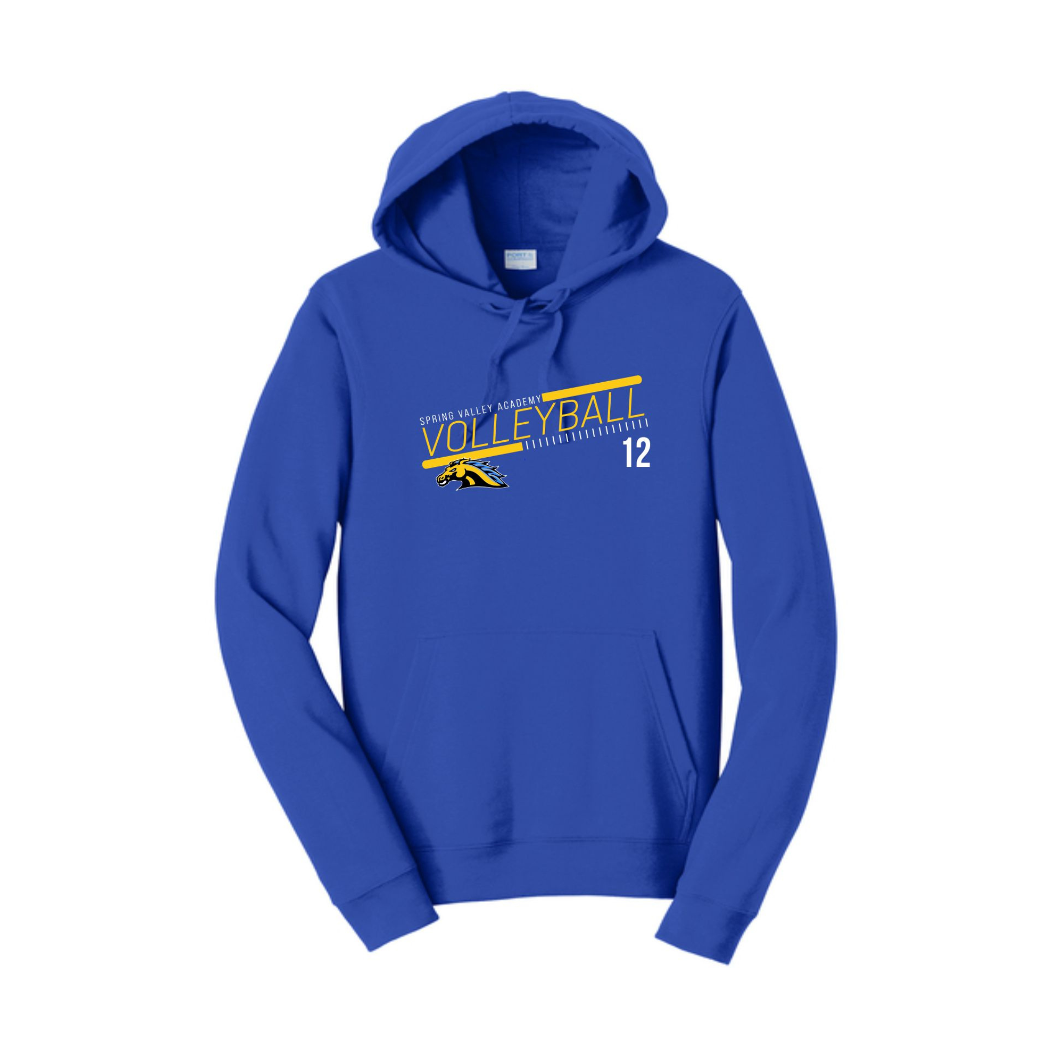 Blue hoodie with volleyball design on a white background