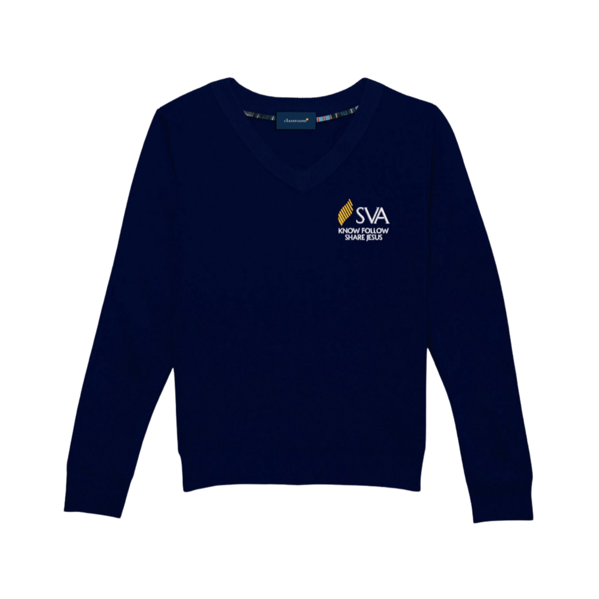 Navy blue sweater with SVA logo on a white background
