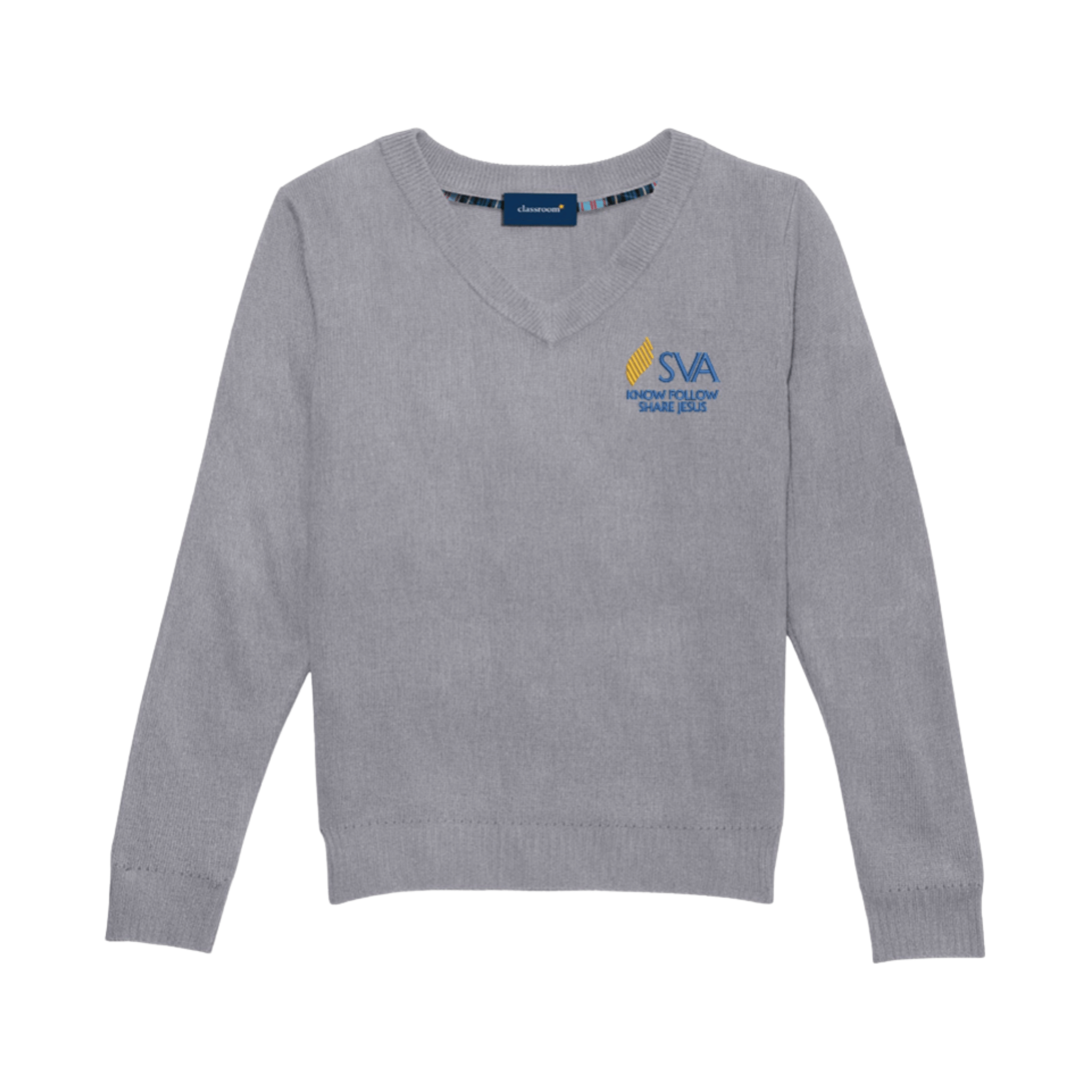 Gray sweater with SVA logo on a white background