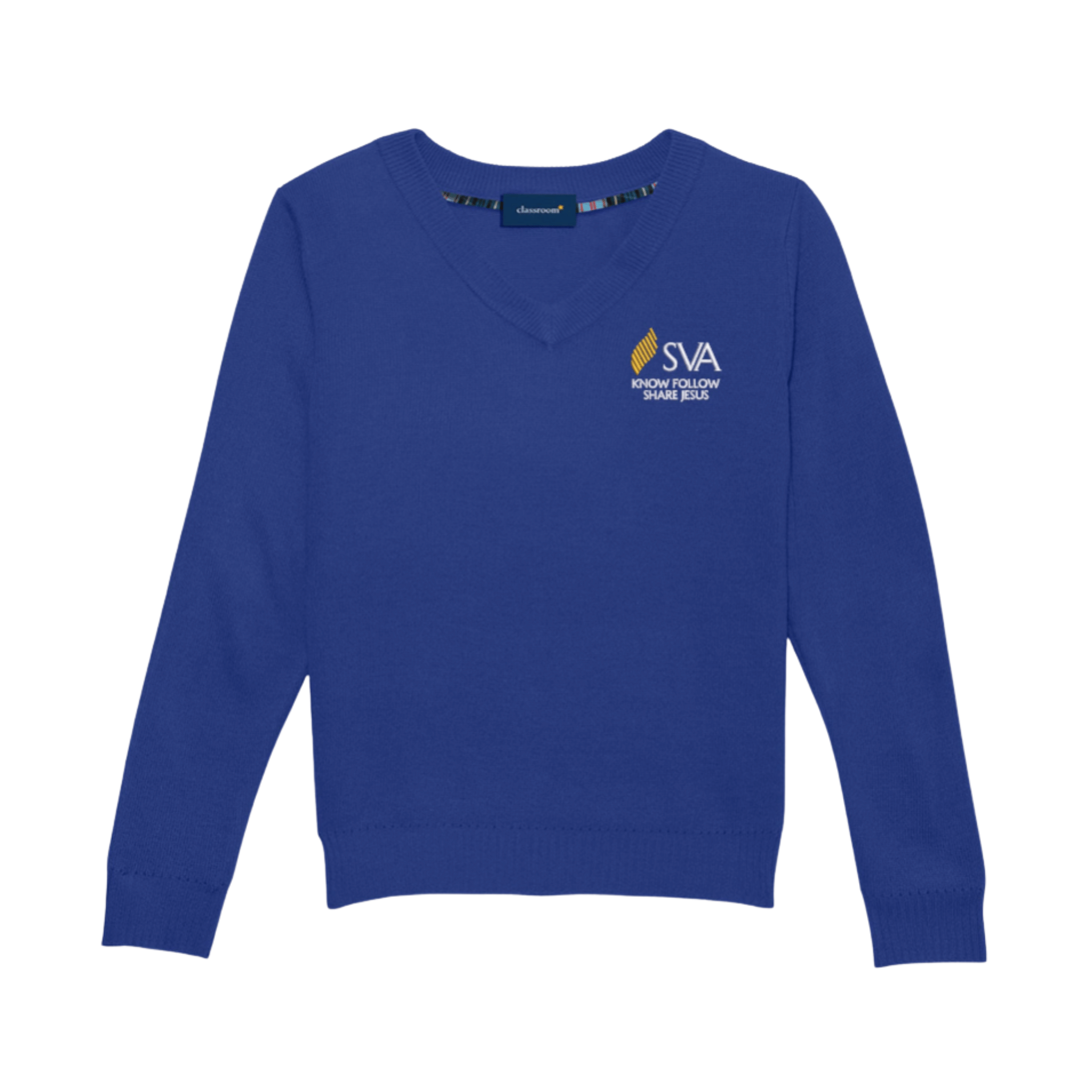 Blue sweater with SVA logo on a white background